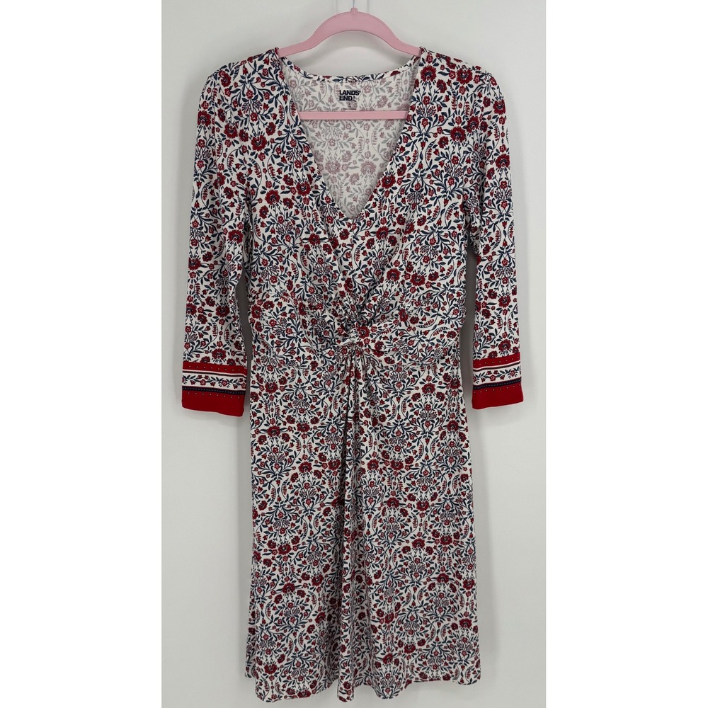 Lands End Womens Red Navy Floral Twist Front V-Neck Dress 535663 Small 6-8